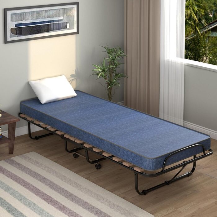 COSTWAY Гостьове ліжко 80x190 см з матрацом з memory foam, складане односпальне ліжко, металевий каркас до 130 кг, ліжко-трансформер на колесах, для вітальні/гостьової кімнати, блакитне