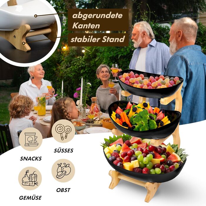 Керамічна фруктова тарілка на 3 яруси з бамбуковою підставкою, чорна | Obst Etagere