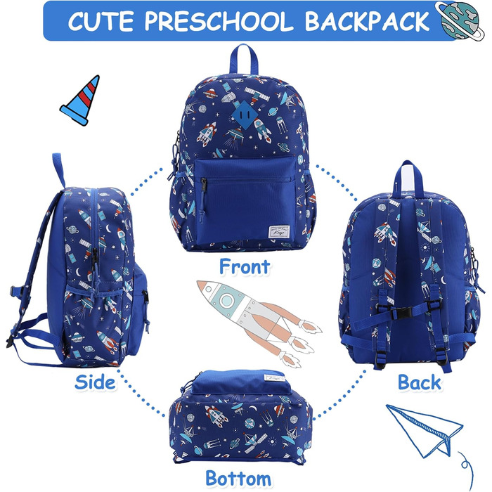 Дитячий рюкзак для школи Kinderrucksack для дівчаток та хлопчиків, 6-8 років, 1 клас, водонепроникний, 13 літрів, 29x12x38 см (Ракета)