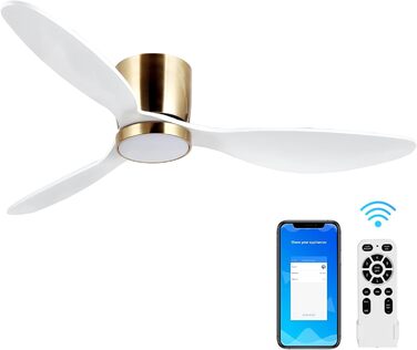 Стеляний вентилятор Reiga з LED-підсвічуванням та пультом керування, 132 см, тихий DC-двигун, 3 колірні температури, 3-лопатевий дизайн з дерева для спальні, вітальні та кухні, білий, монтаж на стелю