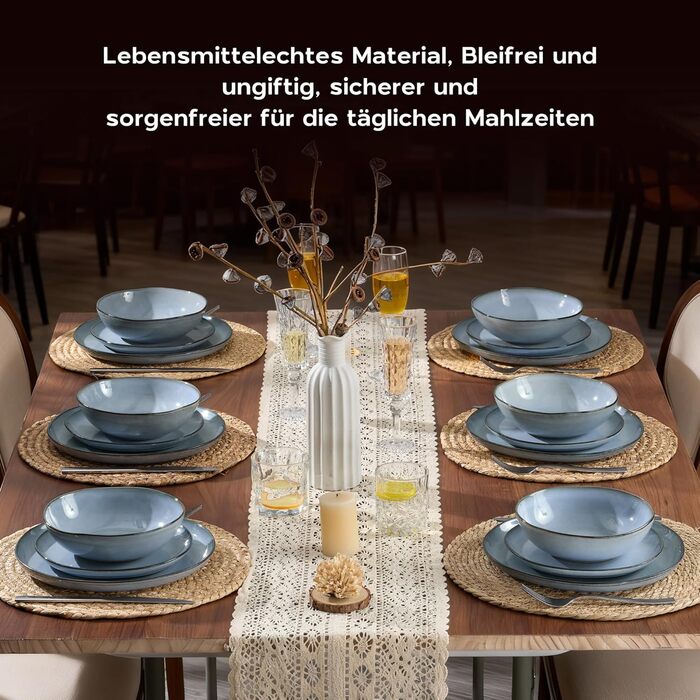 Сервіз Joyfair на 6 осіб, 18 предметів, керамічний, з тарілками для їжі, десерту та каші, безпечний для мікрохвильовки та посудомийної машини, колір: реактивний синій