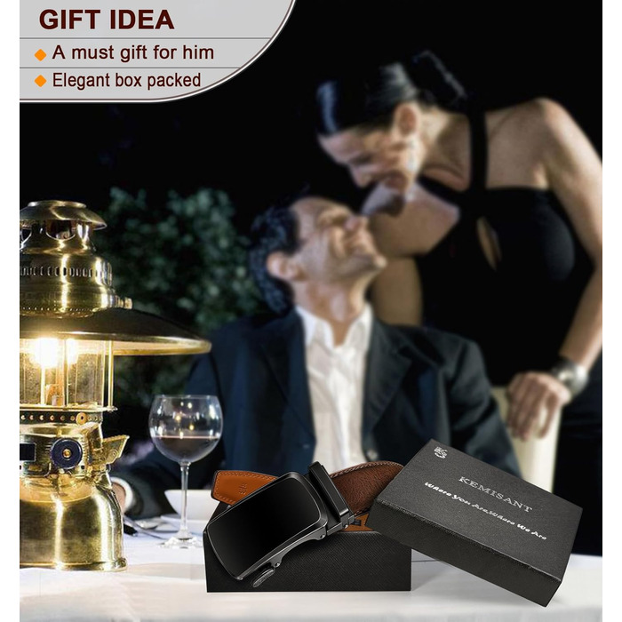 Чоловічий шкіряний ремінь KEMISANT з автоматичною пряжкою, 35 мм, без дірок, регульований розмір 115 см (32'-38'), темно-коричневий