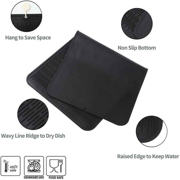 Силиконова килимок для сушіння посуду - килимок для посуду, BPA-free, стійкий до нагрівання, неслизький, з щіткою (чорний, 92 x 52 см)
