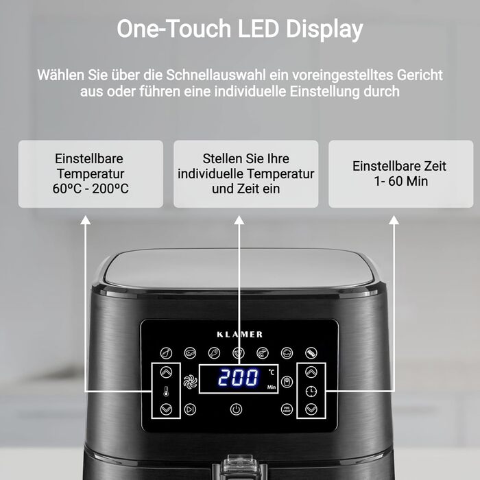 Аерофритюрниця KLAMER 5,5 л XXL, без олії, 1700 Вт, LED-екран, цифрова, з німецькою кулінарною книгою, багатофункціональна, чорна