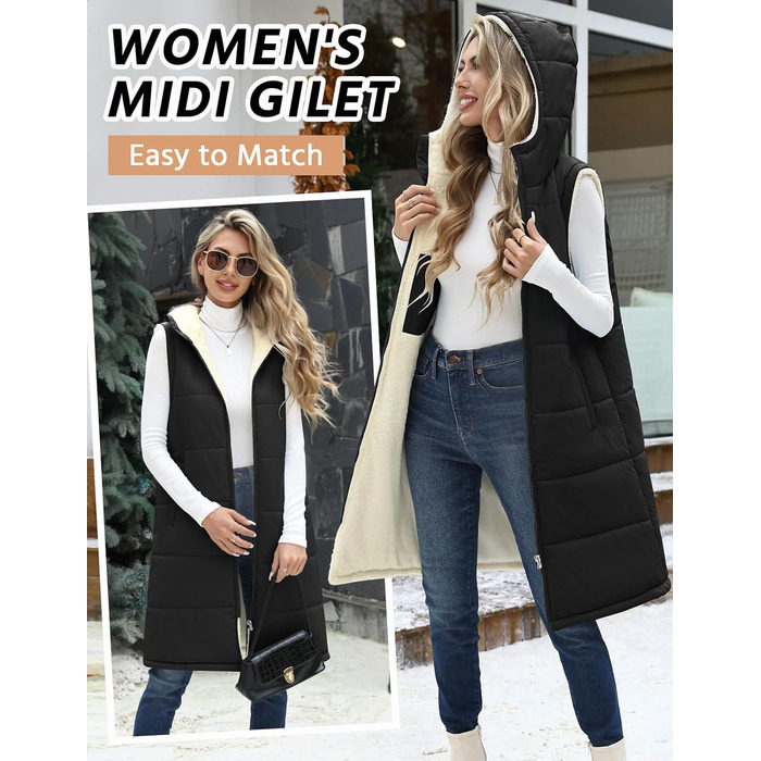 Жіноча довга жилетка Vancavoo з капюшоном на осінь/зиму: степкова, без рукавів, з флісовою підкладкою, тепла, чорна, розмір L