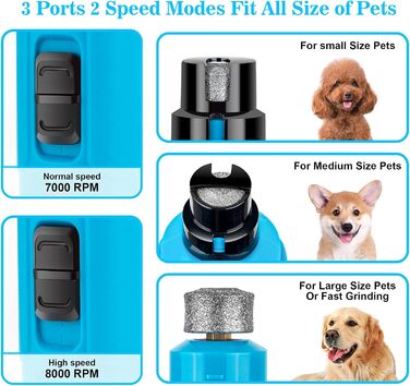 Шліфувальник для собак Bousnic Krallenschleifer: тиха електрична пилка для нігтів з LED-підсвічуванням, 2 швидкості, для собак та котів малих та середніх порід, блакитний