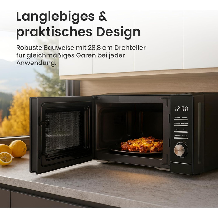 Мікрохвильова піч HMW-MD25DMRBK Mirror Black, 25 л, 800 Вт, 5 рівнів потужності, таймер, функція розморожування, чорний колір, поворотний піднос 28,5 см, 3 роки гарантії