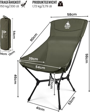 Кемпінговий стілець OneTigris OASISFLEX складний, високий, до 150 кг, зелений Ranger. Стілець для риболовлі, туризму з бічними кишенями