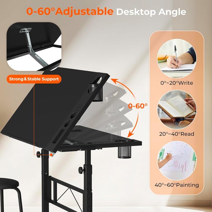 Adjustable Drafting Table with Tilting Surface (0-60°) - Height Adjustable Art Table with Stool and Storage for Home & Office - Black Wood Finish