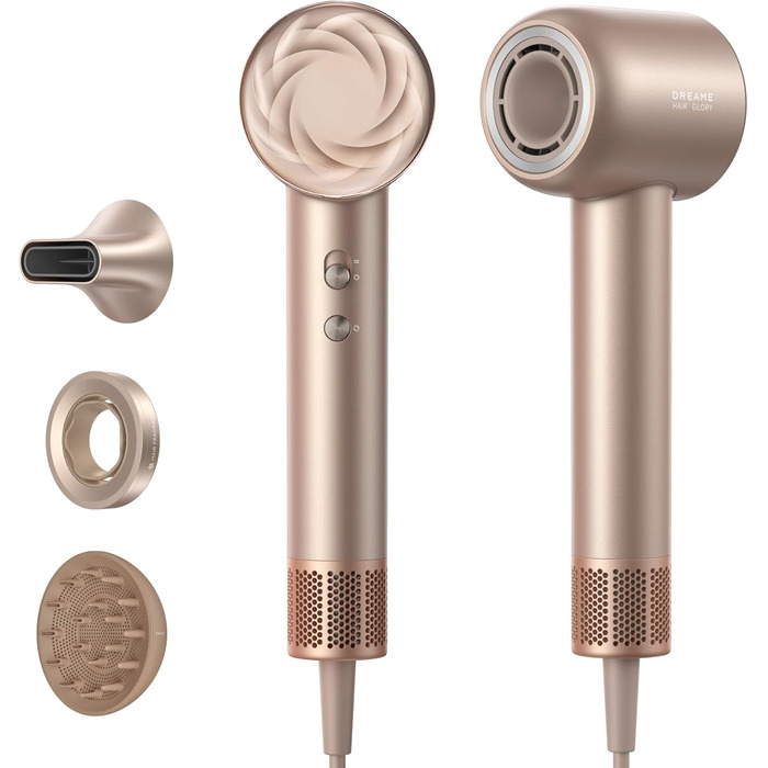 Фен DREAME Hair: Швидке сушіння, 110 000 обертів/хв, іонізація, регулювання температури та потужності, насадки, тиха робота, білий (золотий, Glory Mix)