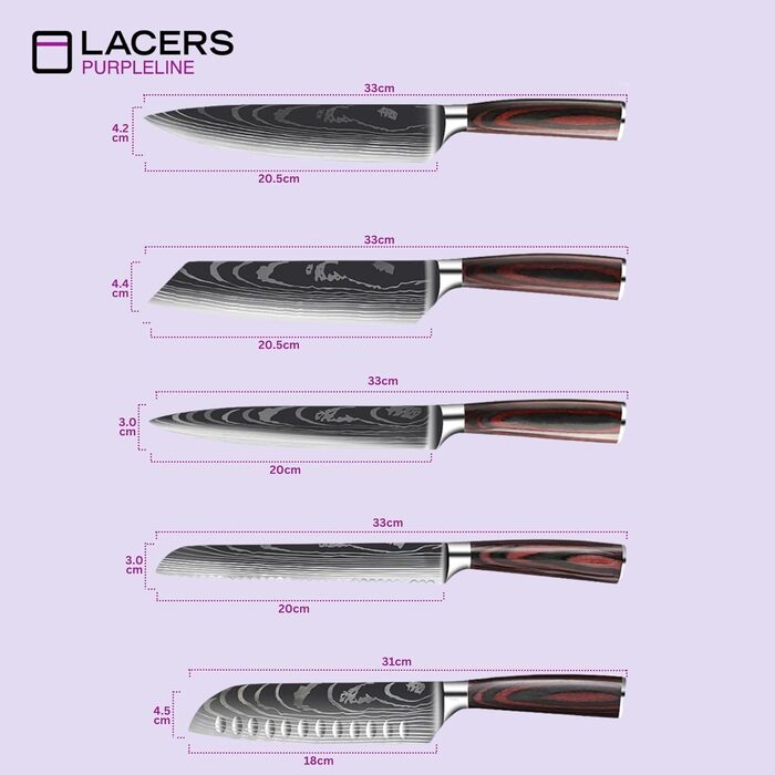 Набір кухонних ножів Lacers PurpleLine (10 шт) – нержавіюча сталь 7Cr17 – шеф-ніж, сантоку, для хліба, накірі, кіцуке, слайсер, для чищення овочів – ергономічні ручки з паккавуда – подарункова коробка M0001