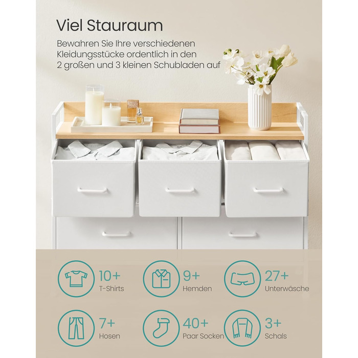 SONGMICS Chest of Drawers, Cabinet, 7 Fabric Drawers with Handles, Metal Frame, Industrial Design, Vintage Brown-Ink Black LTS137B01 (Cloud White + Oak Beige, 29W x 98.2D x 70H cm)