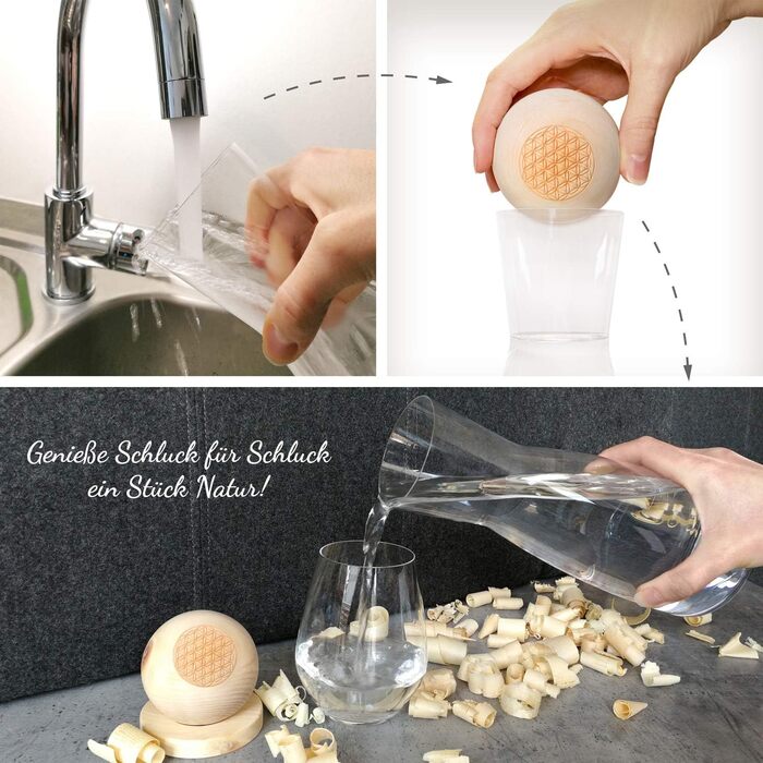 Zirben Familie® The Original ZirbenKugel Set Water Carafe | Imparts a special touch to your water | 1 Liter SPIEGELAU carafe made of crystal glass with a Swiss stone pine wood lid | Flower of Life Edition