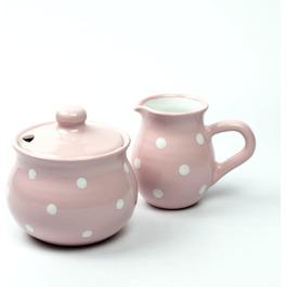 UNGARNIKAT Ceramic Set Sugar Bowl and Milk Jug Pastel with hand-painted white dots (Pink)