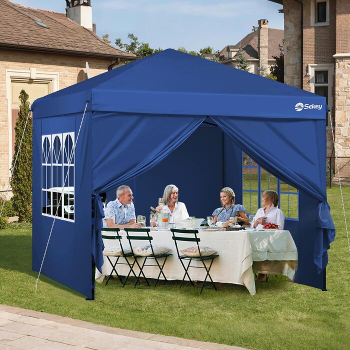 Sekey One-Touch Pop Up Pavilion 3x3 Waterproof Stable Winter-Proof, Folding Pavilion 3x3m with Thickened Tubes, Party Tent Pavilion Folding for Camping Festival Party, (Navy, with Side Walls)