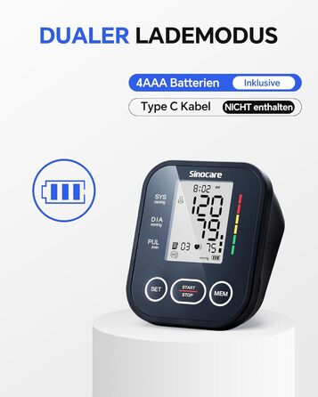 Тонометр Sinocare на плече - клінічно перевірений, 2x99 пам'ять для 2 користувачів, однокнопкове керування, XL-манжета (22-42 см), чорний