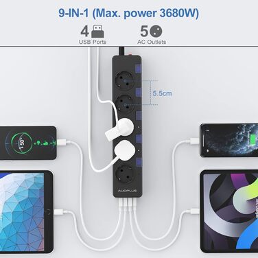 Мережевий фільтр Steckdoseleiste з індивідуальним керуванням, 5 розеток, 1 USB-C та 3 USB-A, захист від перенапруги (3680W/16A), дитячий замок, 3M кабель, чорний