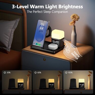 Багатофункціональна зарядка 6 в 1 з індуктивним бездротовим зарядним пристроєм, будильником та нічником, сумісна з Samsung Galaxy S25/24/Galaxy Buds3/Galaxy Watch, iPhone 16/15/AirPods4/3, жовта