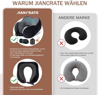 Подушка для шиї у літак, доросла, з піною з пам'яті, регульована, з маскою для сну та берушами, чорна