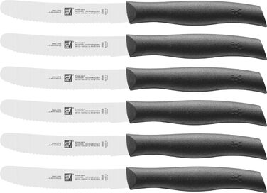 Набір сніданкових ножів Zwilling TWIN Grip, 6 предметів, універсальні ножі з хвилеподібним лезом для хліба, овочів та фруктів, нержавіюча сталь, чорний пластиковий руків'я