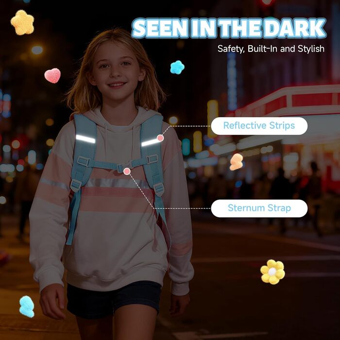 Шкільний рюкзак для дівчаток-підлітків з помпоном, тролейова петля та світловідбивачі. Великий рюкзак для школи та подорожей (блакитний).