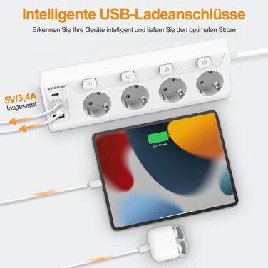 Мережева розетка з 2 USB-C (PD 20W) та 1 USB-A, трьохсекційна з вимикачем, захист від перенапруги, зручна для зберігання, розподільник для подорожей, кабель 1,5 м (кутова розетка)