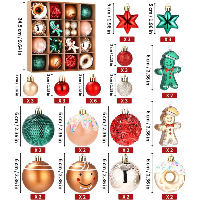 Набір прикрас для ялинки на Новий Рік: 42 штуки, кульки, червоний, зелений, золотий | Ялинкові прикраси