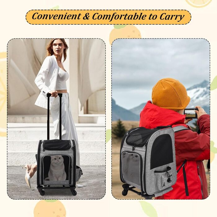 Транспортна переноска для котів та собак на колесах, 360° обертання, з кишенями, вантажний візок-рюкзак, портативна та дихаюча, для маленьких собак та середніх котів до 15 кг