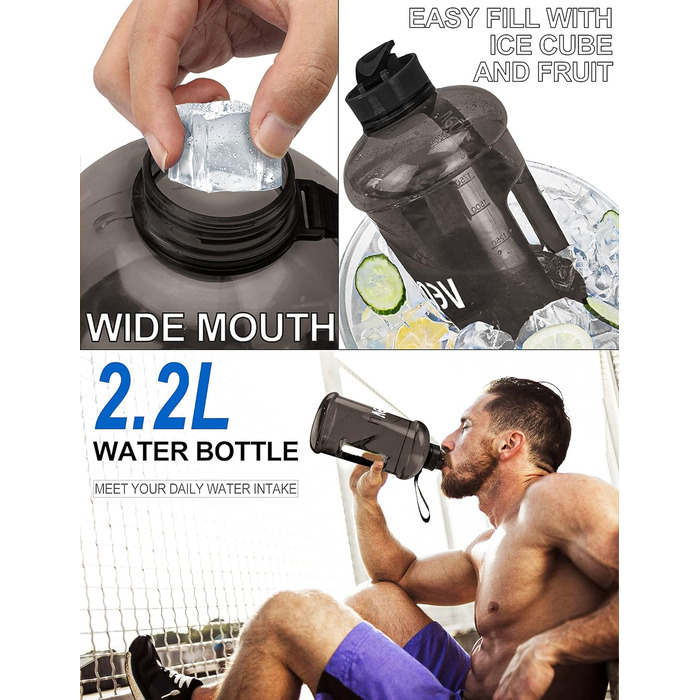 Пляшка для води 2.2л з ручкою, велика портативна пластикова, BPA-free, для спорту, туризму, фітнесу, подорожей, чорна