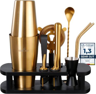 Barmingo Stainless Steel Cocktail Set - 11 Piece Boston Shaker Set with Stand & Bar Accessories | Cocktail Shaker Set, Bartender Set, Bar Set | Black Silver
