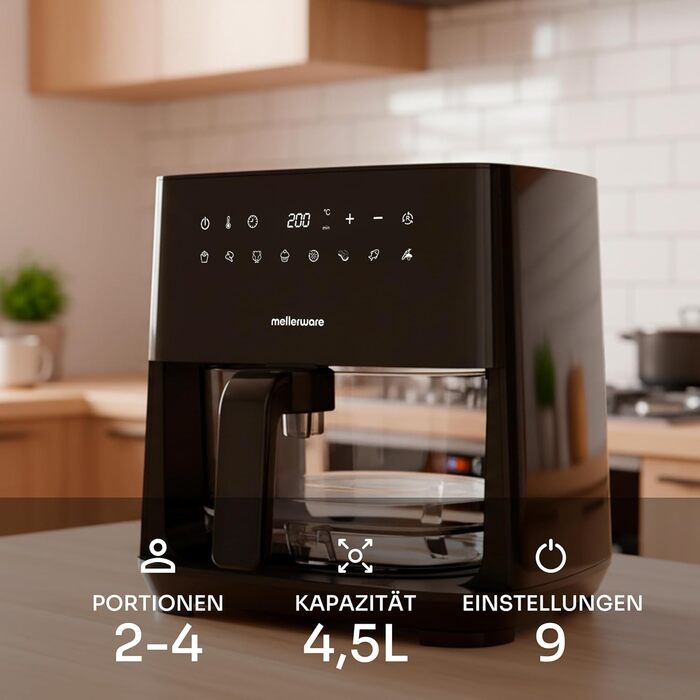 Фритюрниця без олії MELLERWARE 1450W з скляним контейнером 4.5L, 9 програм, сенсорний дисплей, 80–200°C, таймер 60 хв, для миття в посудомийній машині