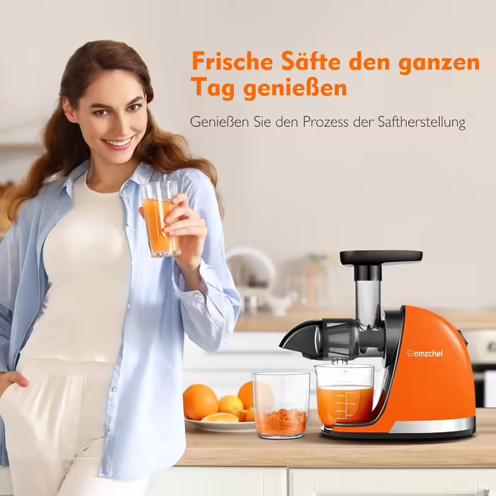 AMZCHEF Juicer - Vegetable and Fruit Test Winner - Slow Juicer with Reverse-Mastication Function - Gentle Crushing Without Filtering - Electric Juice Press with Brush and 2 Cups - Vibrant Orange