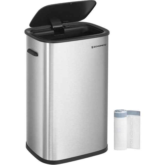 Відро для сміття SONGMICS з датчиком 50л, з м'яким закриттям, з нержавіючої сталі, з кільцем для пакетів, срібне (LTB610E50)