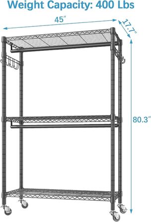 ALKNOT Clothes Rack, Garment Rod, Rolling Clothes Rack, Rolling Garment Rod, Stable Clothes Rack, Clothes Rack with Wheels 90x43.5x180cm, Load Capacity 100kg