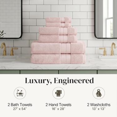 Набір рушників Amrapur Spun Loft (6 предметів): банні, для рук та для обличчя, 100% гребняна бавовна, 600 г/м², суперпоглинаючі та м'які, колір Blush