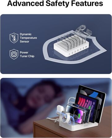 Зарядна станція SooPii USB 60W/12A, 6 портів з PD 20W для iPhone/Samsung, тримач для Apple Watch, 6 кабелів у комплекті - біла
