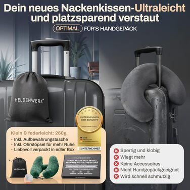 Подушка для шиї HELDENWERK® Air - для подорожей літаком та автомобілем | 5 положень, регульована, знімний капюшон | М'яка, зелена, для жінок та підлітків