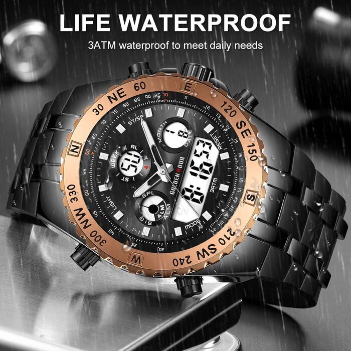 Чоловічий військовий годинник: цифрові та аналогові функції, водонепроникність, дата, будильник, світіння, секундомір. Великий годинник для чоловіків (Rose Gold B)