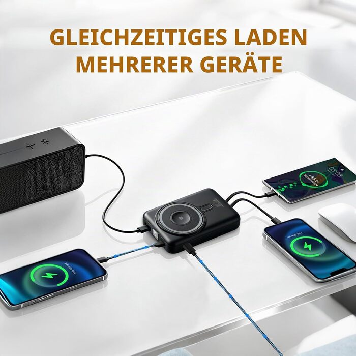 Магнітний Power Bank для MagSafe 10000mAh, бездротова швидка зарядка PD 22.5W, 3 порти та 2 кабелі, LED-дисплей, сумісний з iPhone 17/16/15/14/13/12 серії (Чорний)