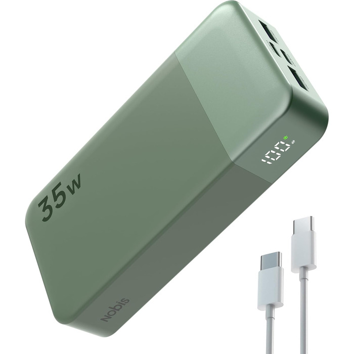 Power Bank Nobis 20000mAh з LED дисплеєм, 35W USB-C, 4 порти, для MacBook, iPhone 15, Samsung S23 (зелений)