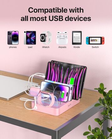 Зарядна станція SooPii USB з органайзером на 6 портів 50W + 6 кабелів + тримач для iWatch, біла (Рожева)