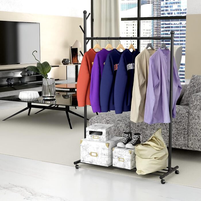 Clothes Rack Garment Rack Portable - Rolling Clothes Rack with Bottom Shelf (Black)
