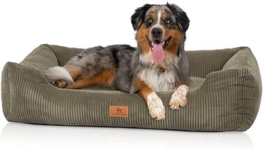 Knuffelwuff Dog Bed in Corduroy with Hand-Woven Character Olivia XL 105 x 75cm Khaki - Removable Cover - Washable - for Large, Medium and Small Dogs