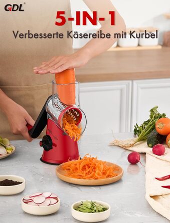 Тертка для сиру GDL з ручкою, оновлена терка для овочів з 5 дисками, терка-нарізач для овочів, зручна та швидка, терка для сиру, морозива, горіхів, огірків, моркви (червона)