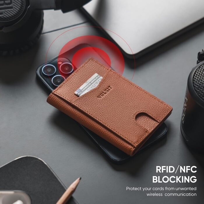 Чоловічий шкіряний картхолдер VULKIT з RFID захистом, коричневий (Litchi) - 10 відділень для карт