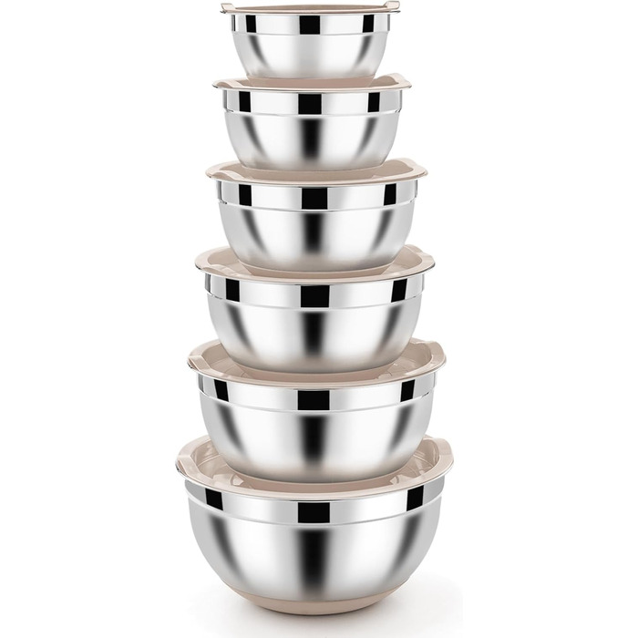 Homikit Mixing Bowl Set, Stainless Steel Bowl Salad Bowl 6-Piece Set with Airtight Lid & Khaki Silicone Bottom, Nesting, 4.6L/2.8L/2.5L/1.6L/1.2L/0.7L
