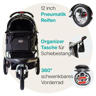 Візок для собак Innopet Comfort Air Eco чорного та срібного кольорів – візок для собак/кішок з колесами діаметром 30 см, складається в одну руку, підходить для лісових стежок – світловідбиваючі смуги, органайзер, перероблений нейлоновий матеріал