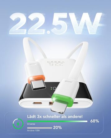 Повербанк VEGER 10000mAh 22.5W з вбудованим кабелем USB-C, швидка зарядка, білий
