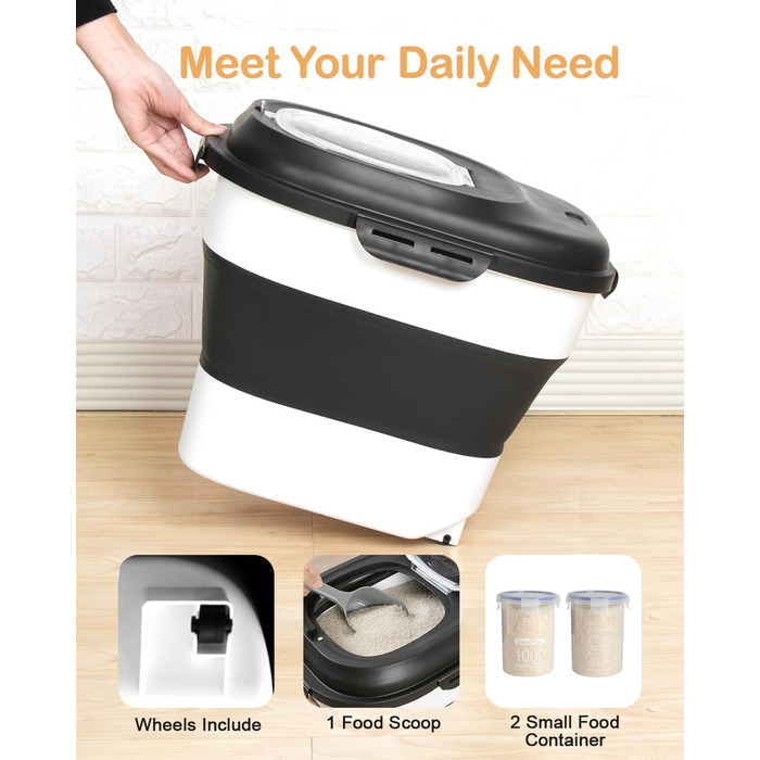 Контейнер для зберігання рису, складний, з колесами, герметичний, з мірним стаканчиком та лопаткою, для рису, кормів, борошна, темно-зелений/9-13,6 кг (чорний/9-22,7 кг)