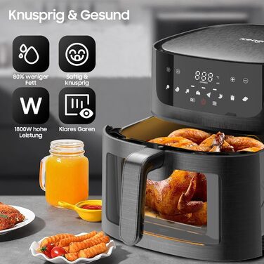 Iceagle Hot Air Fryer XXL Air Fryer 9L - Hot Air Fryer with Large Viewing Window | Oil-Free Air Fryer with Digital LED Touchscreen, 8 Programs, Shake Mode, 1800W, 9L Recipe Book with Window